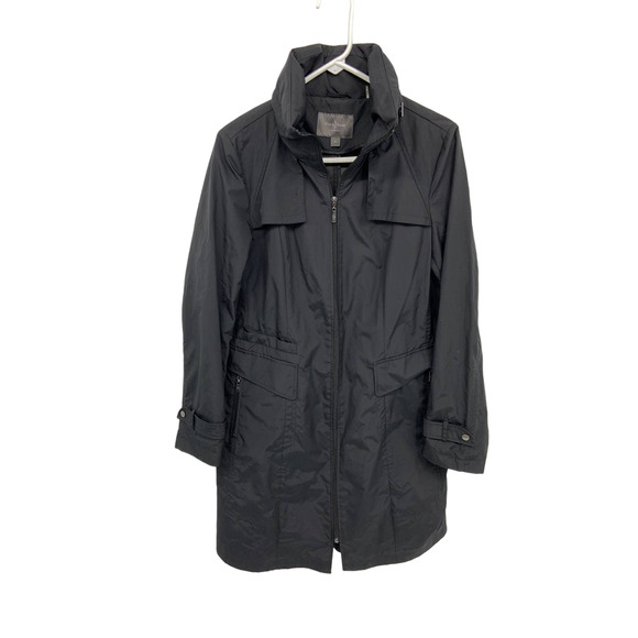 Cole Haan New York Black Hooded Zip Rain Coat Trench Jacket Size M - Picture 1 of 9